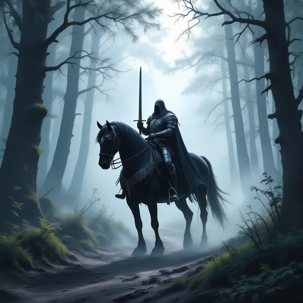 Knight on Horseback in Foggy Ancient Forest