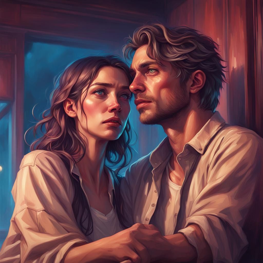 Couple Watching Horror Movie: Artgerm and Mucha Style