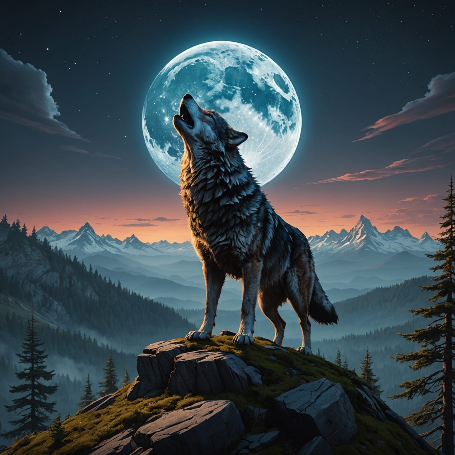 Lone Wolf Howling in a Fantastical Forest