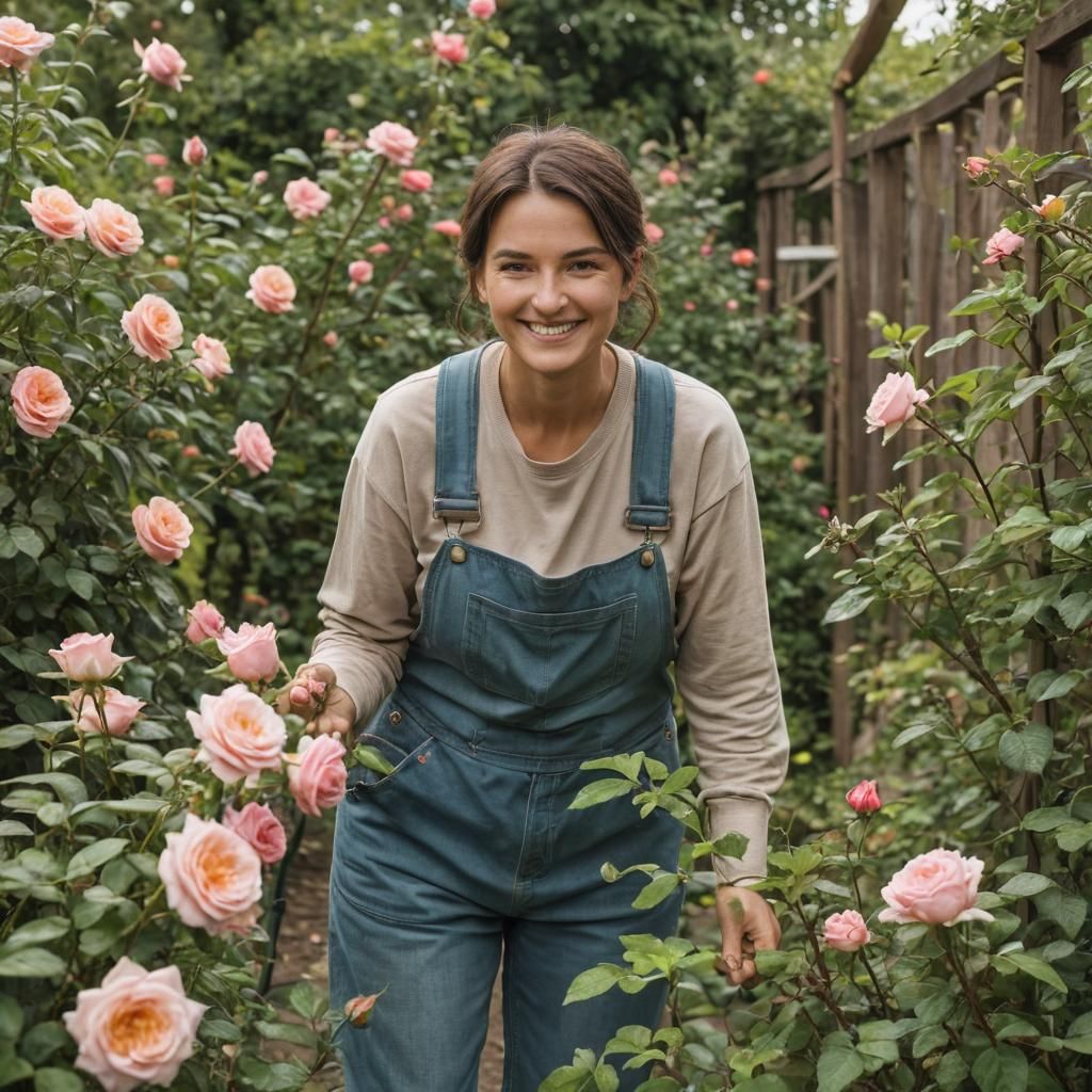Smiling Gardener in Urban Rose Garden