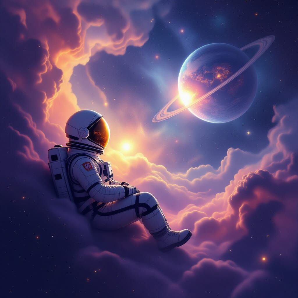 Astronaut Adrift in Cosmic Nebula Gazing at Distant Planet