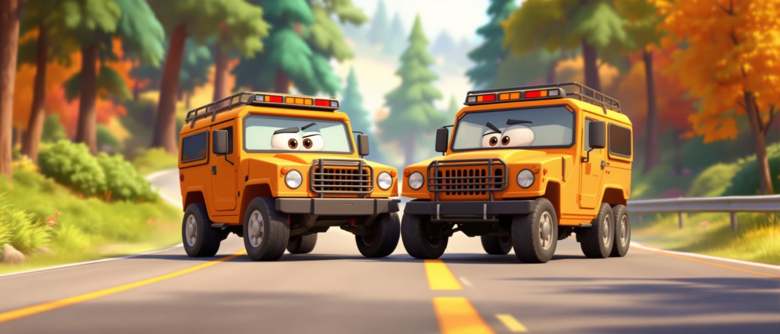 Playful Humvee Rivalry in Pixar Style