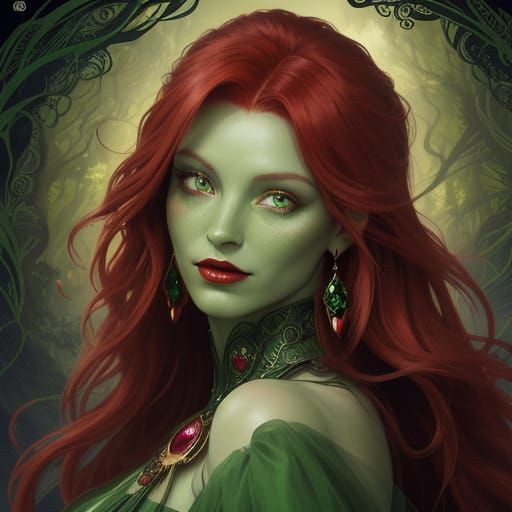 green skinned witch with beautiful red hair and red lips