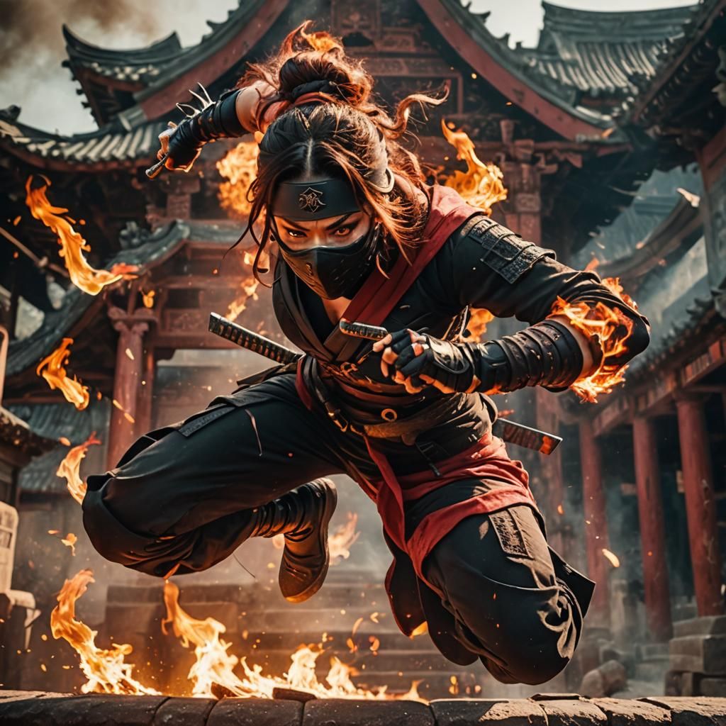 Ninja Woman Leaping from Burning Temple Roof