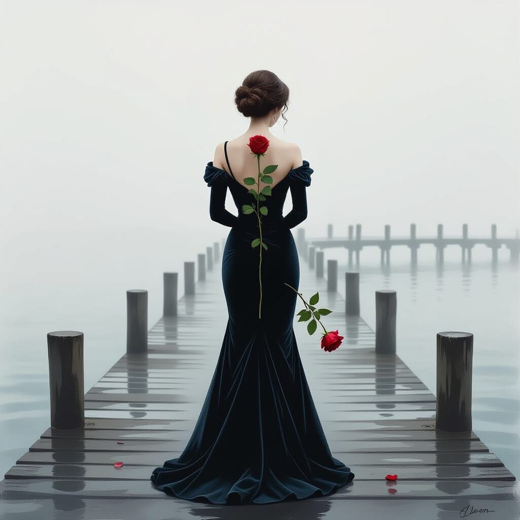 Melancholic Showgirl on Foggy Pier in Watercolor Style