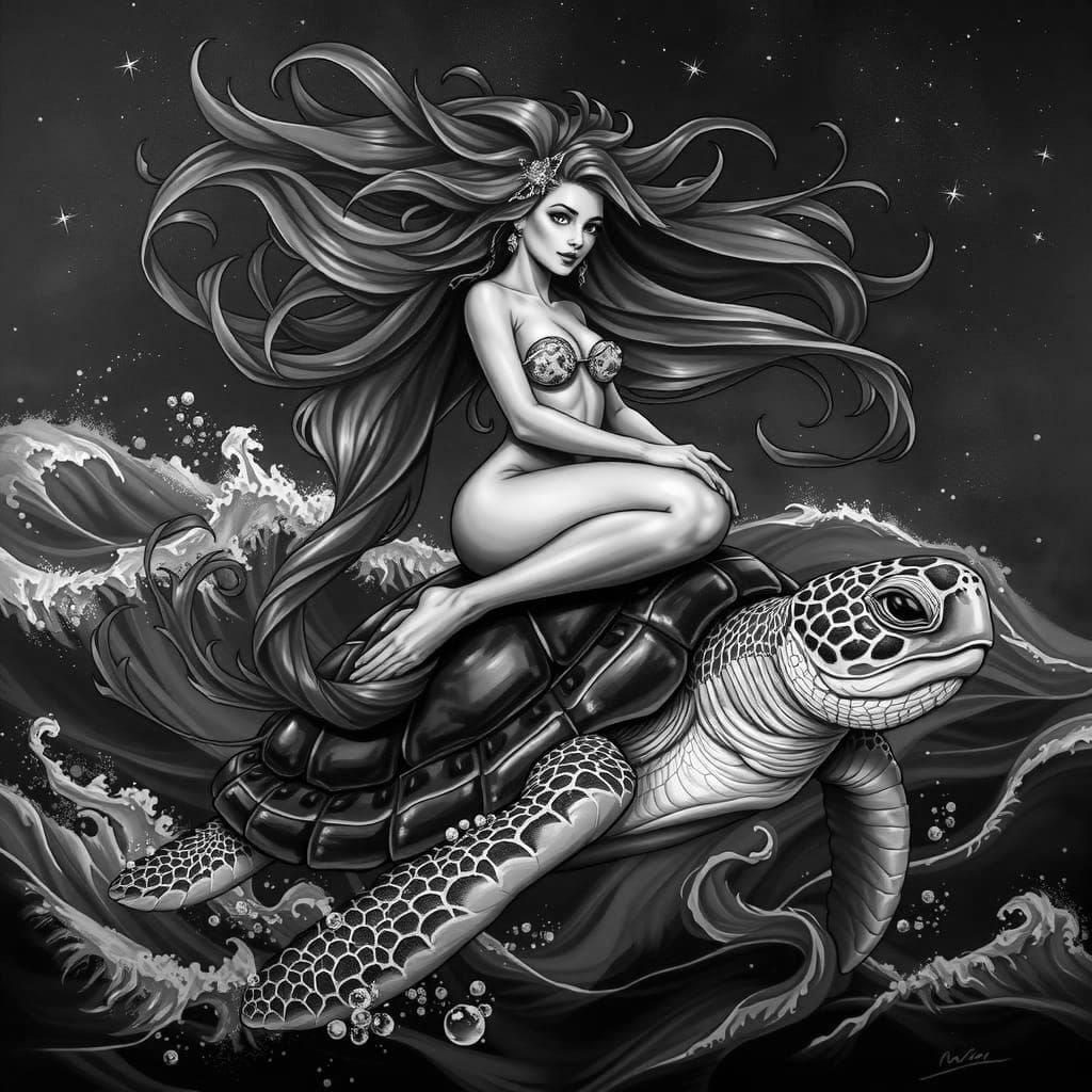 Mermaid on Sea Turtle in Graffiti Art Style
