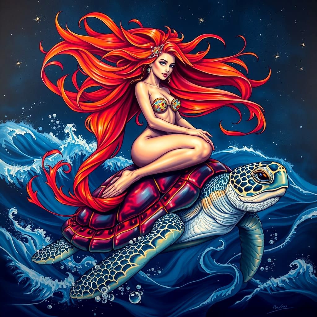 Surreal Mermaid Goddess Rides Sea Turtle in Turbulent Ocean