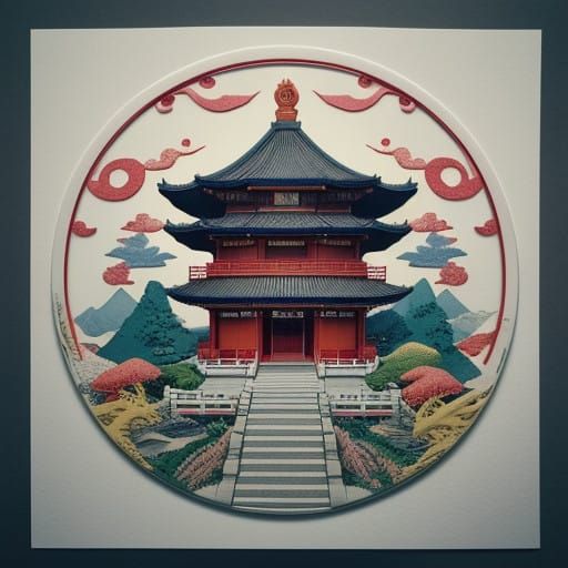 Chinese Paper Palace in Whimsical Watercolor Style