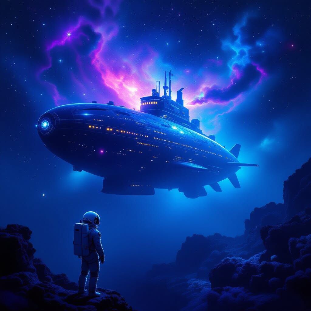 Astronaut Gazes at Star Reef Submarine in Cosmic Void