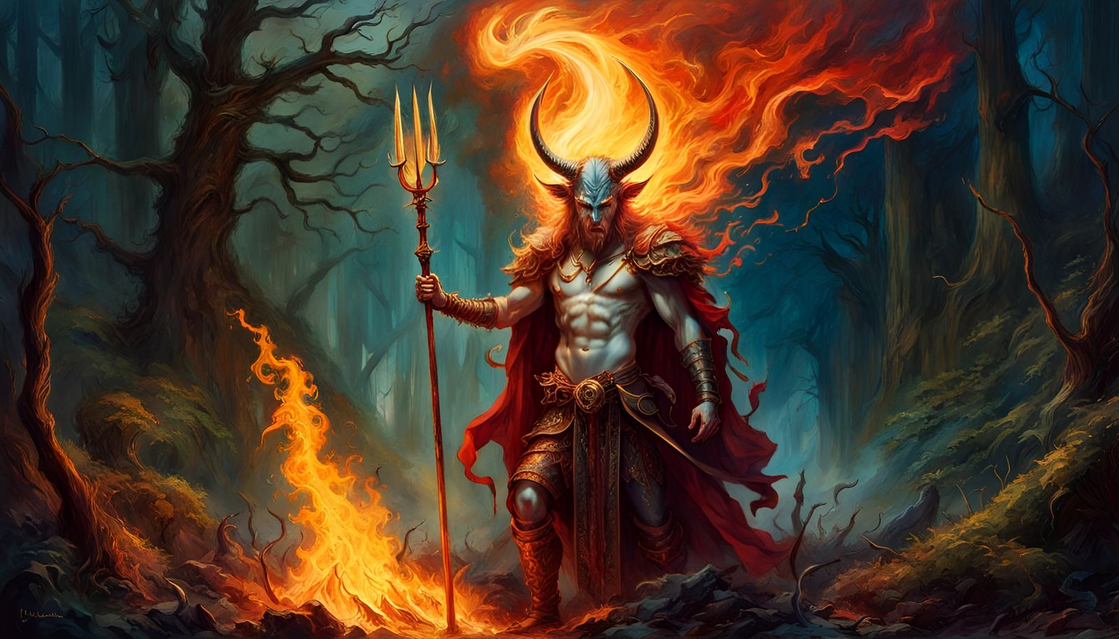 Satan with Pitchfork in Renaissance Watercolor Style