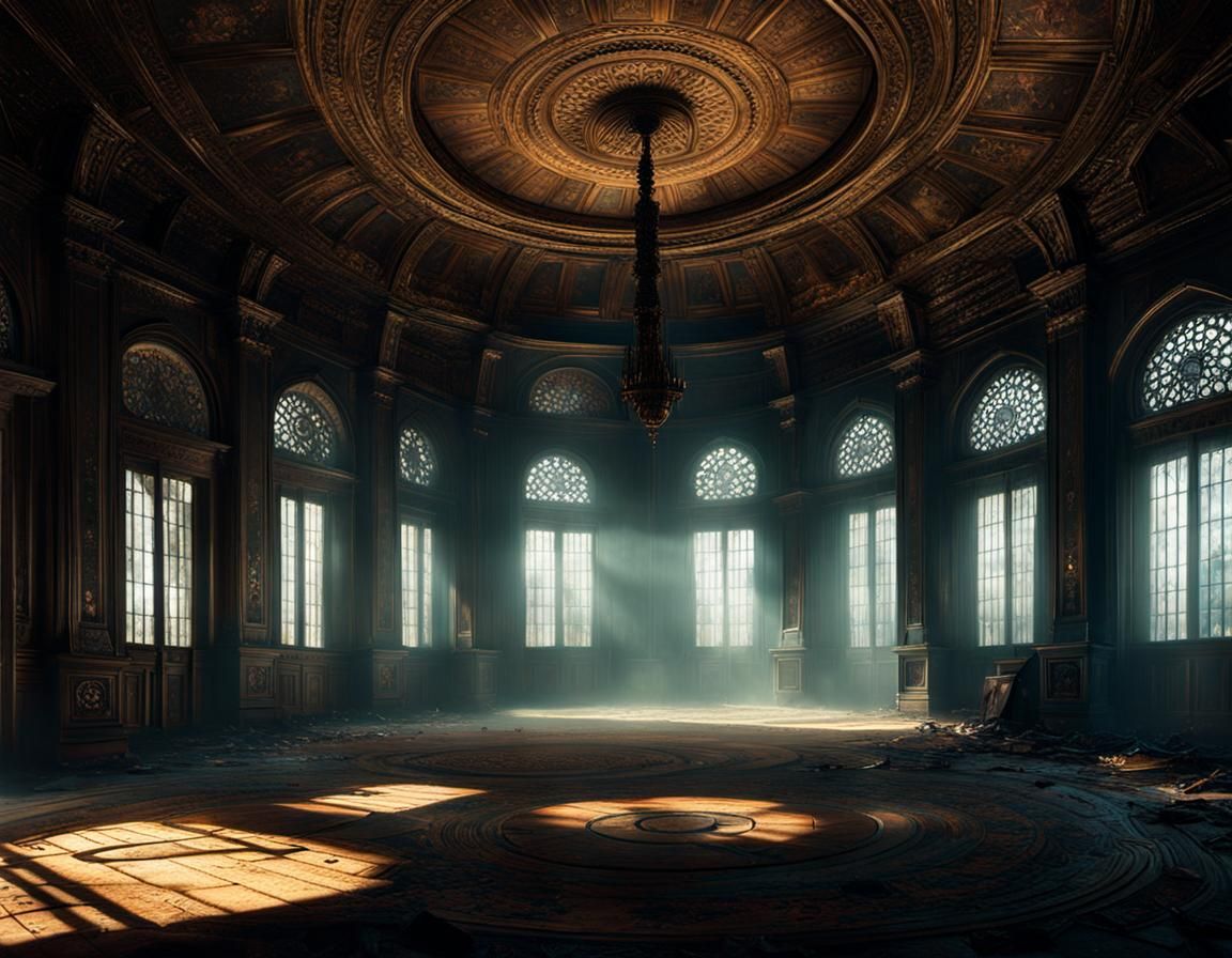 Ghosts Dancing in Abandoned Ballroom in Dark Fantasy Style