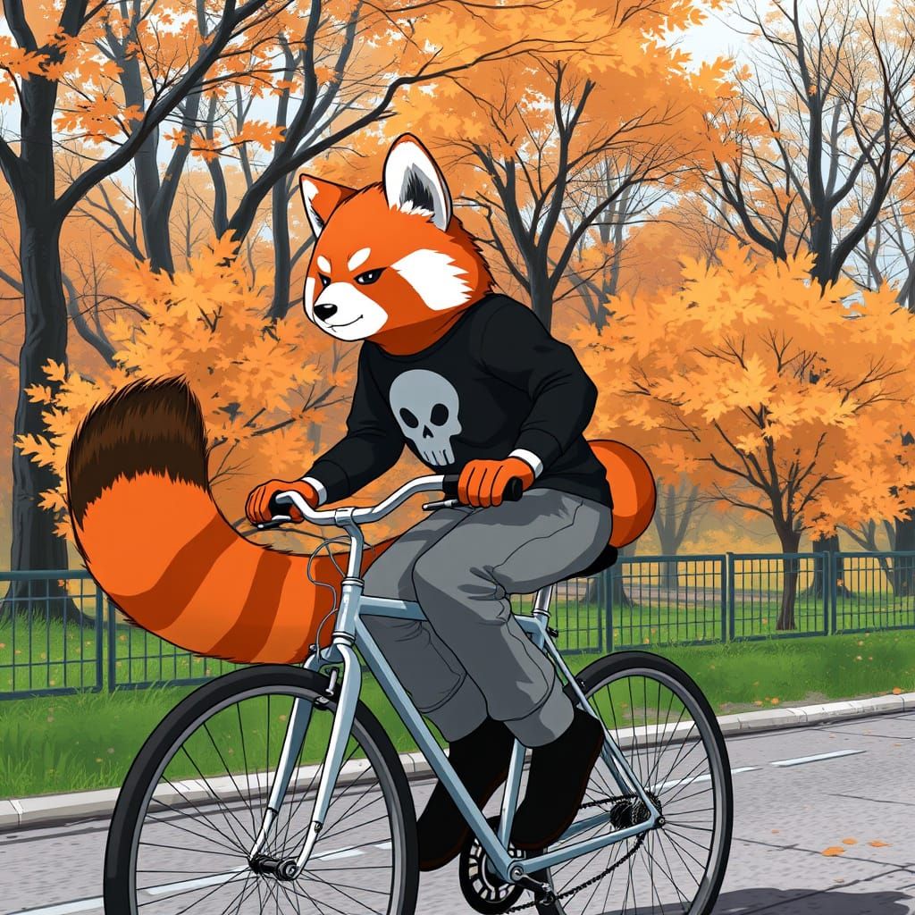 Red Panda Man Rides Bike in Anime Style