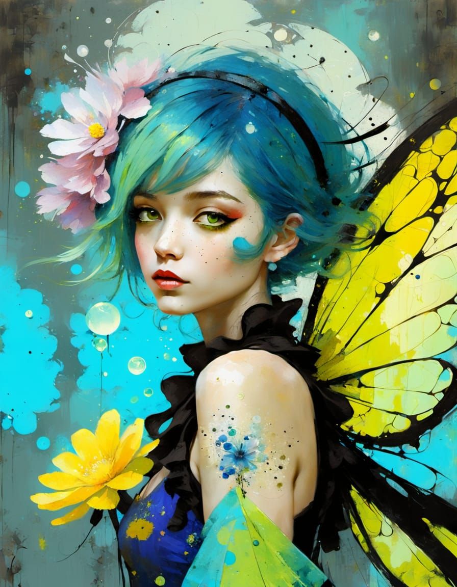 Impressionist Fairy with Neon Wings and Flower Dress