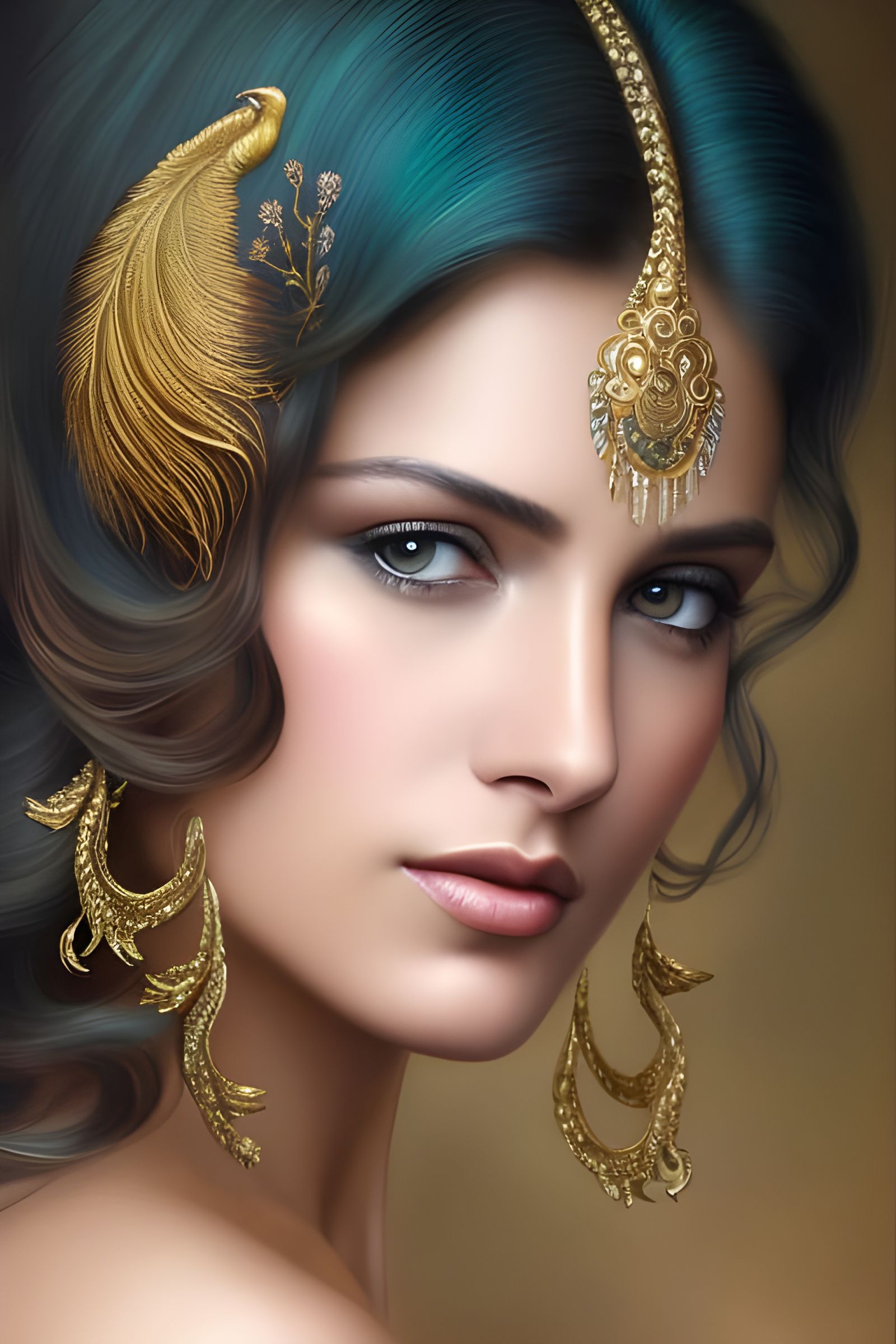 Golden Peacock: Hyperdetailed Portrait of South American Lad...