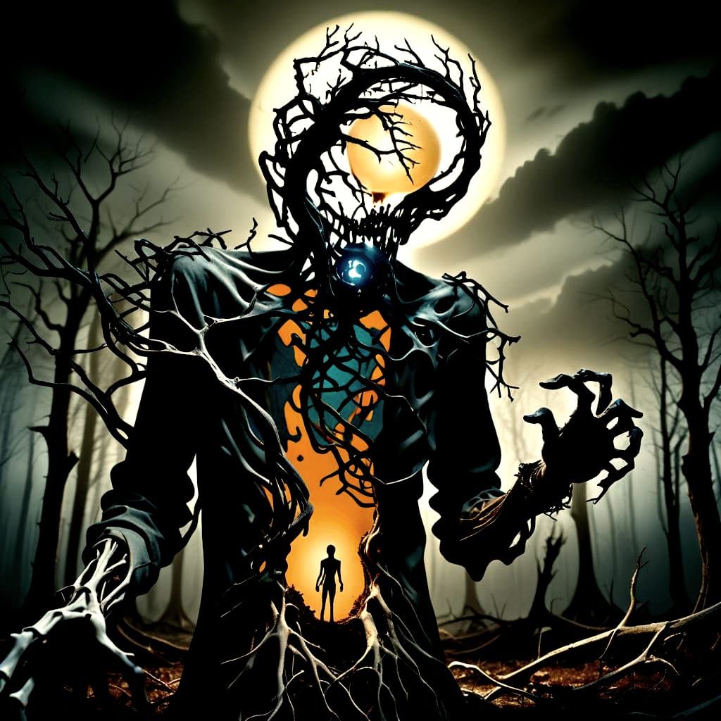Creepy Tree Figure with Glowing Orb in Dark Forest
