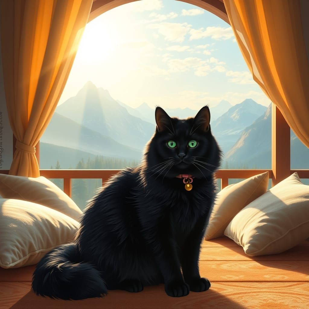 Emerald-Eyed Cat in Sunlit Meditation Room