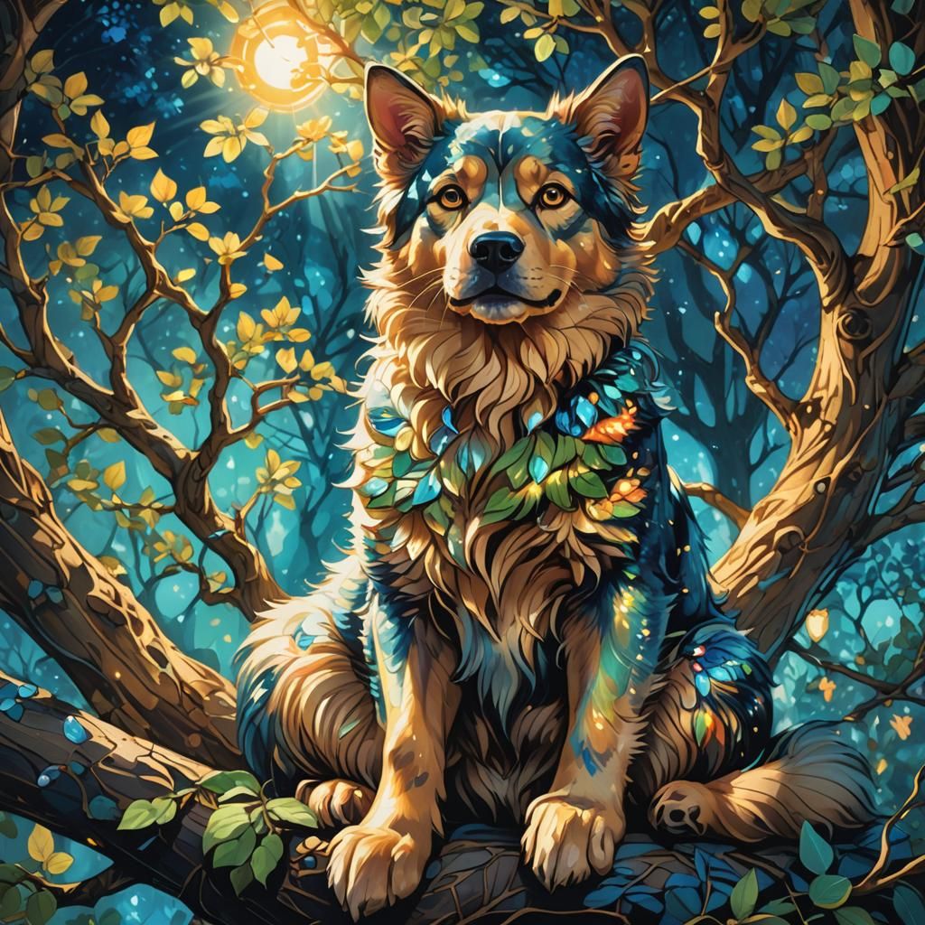 Dog and Cat in Glowing Fantasy Tree