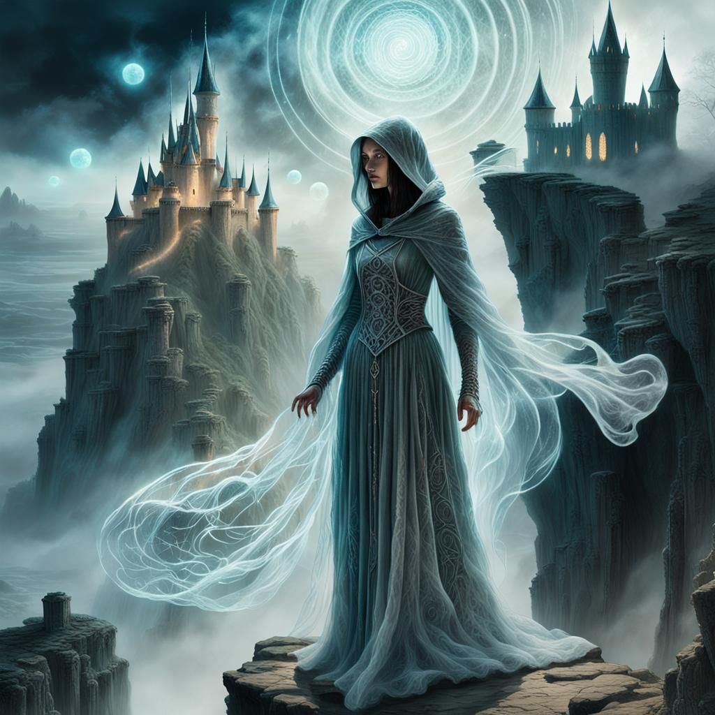Ethereal Sorceress on a Cliff: Surreal Fantasy Art