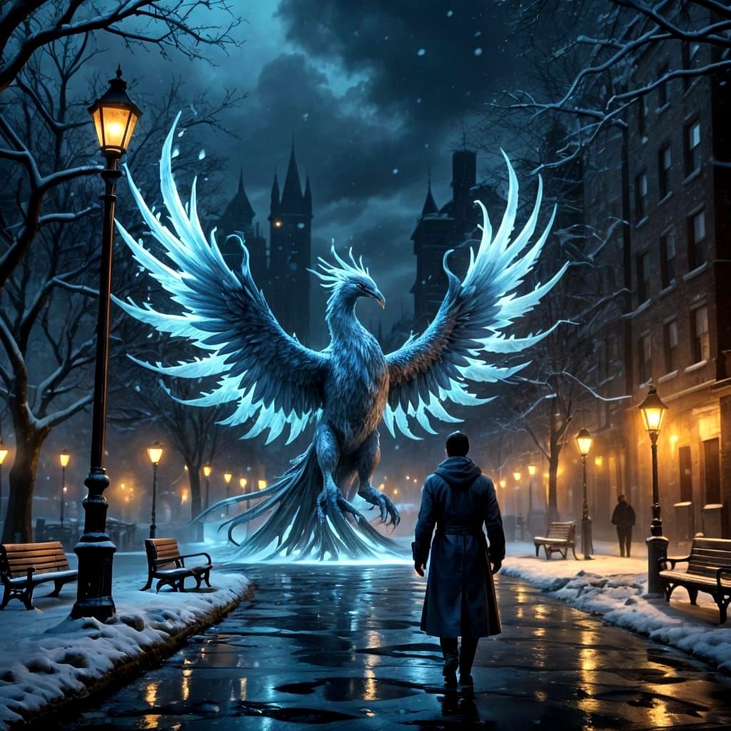 Snowy Riverscape with Phoenix and Bridge