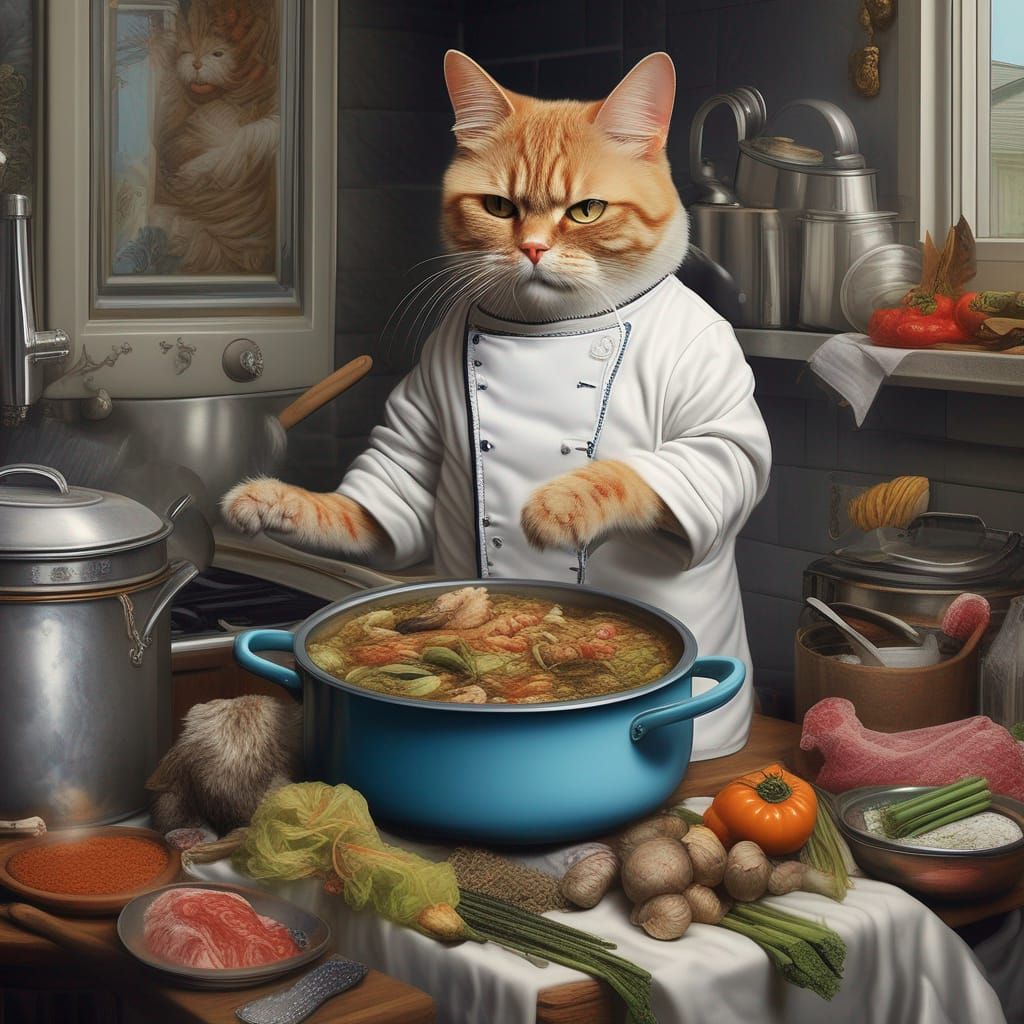 Cat Chef and Dog Jacuzzi: Detailed Painting