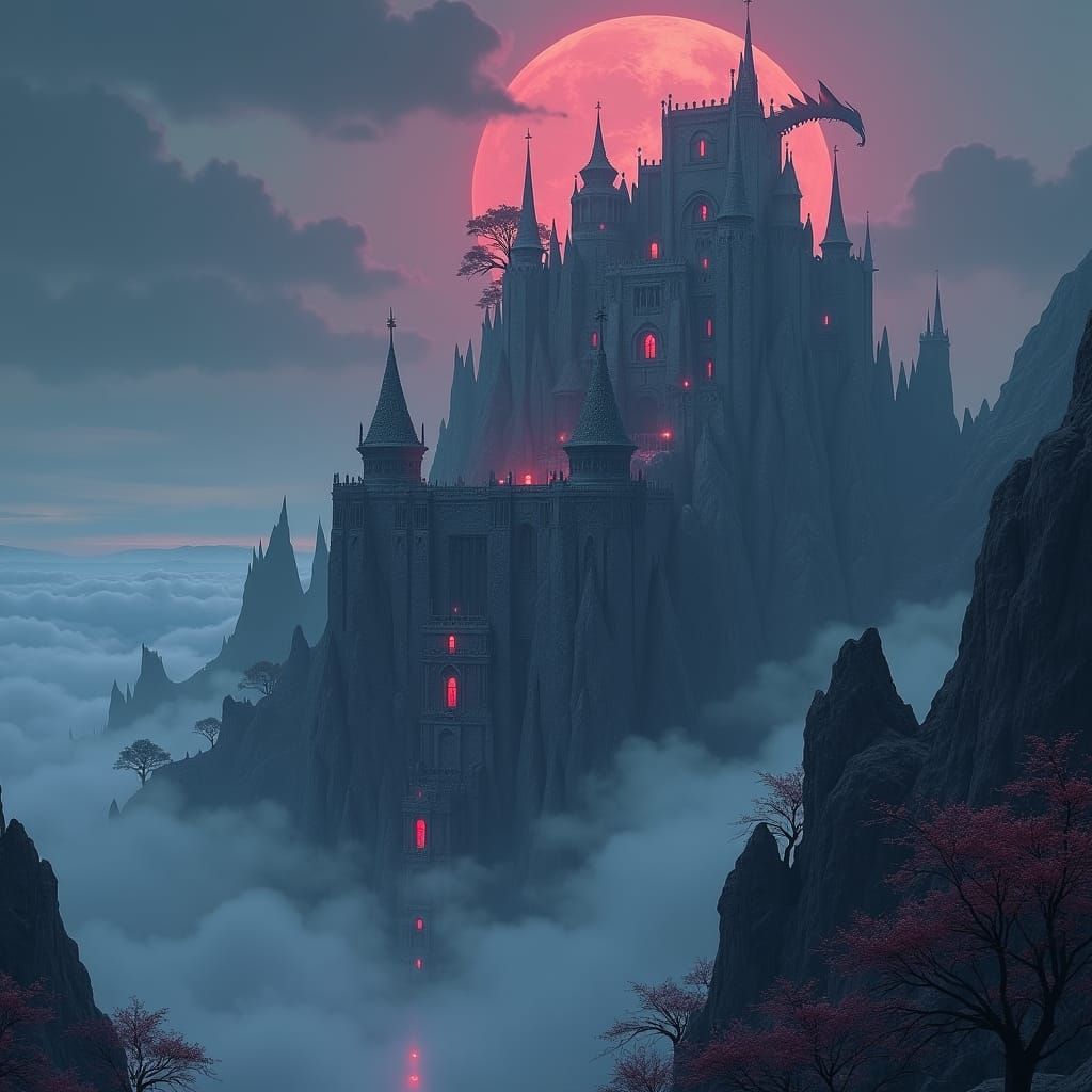 Dark Citadel with Dragon, Matte Painting Style