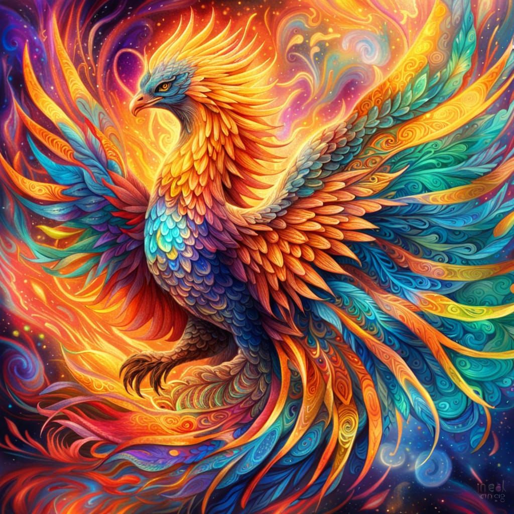 Mythical Phoenix Rising: Holographic Astral Illustration