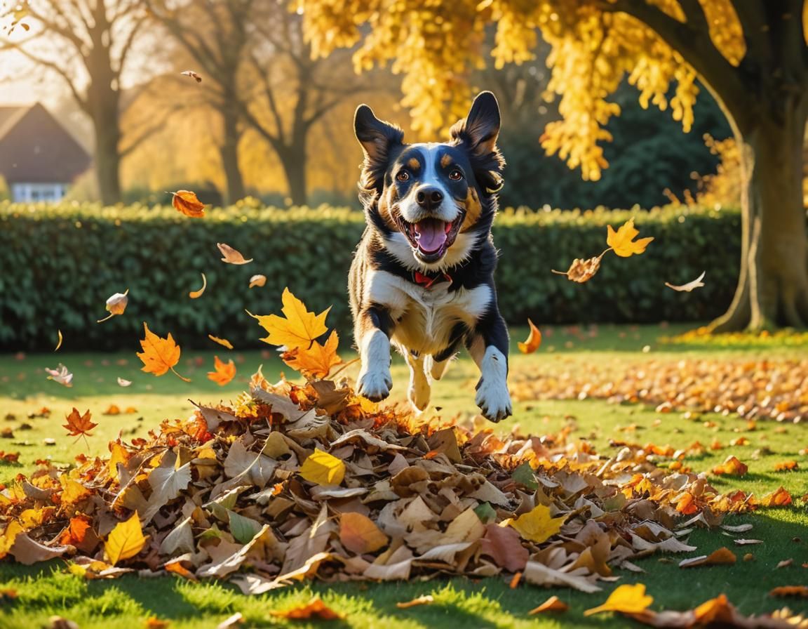 Dog Leaping into Autumn Leaves as Impasto Painting