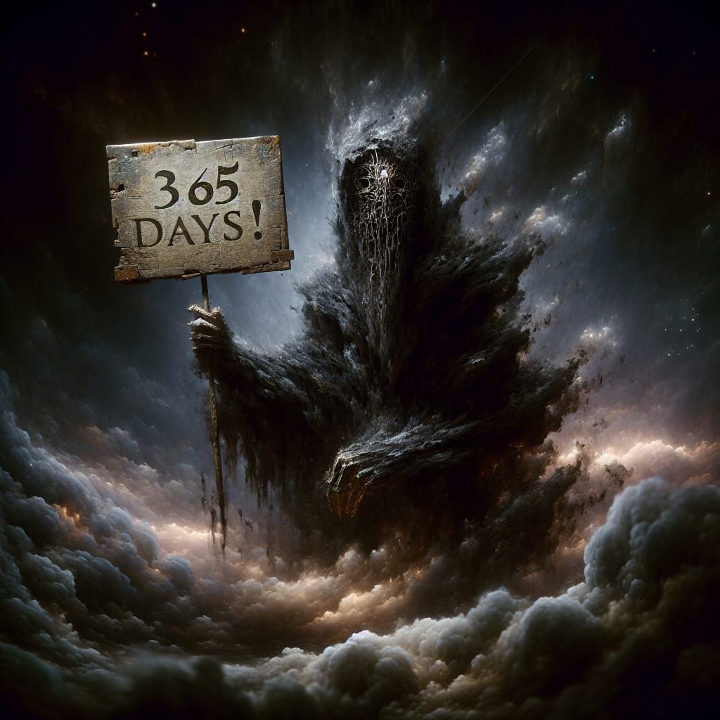Enigmatic Fog Figure Holds '365 Days' Sign
