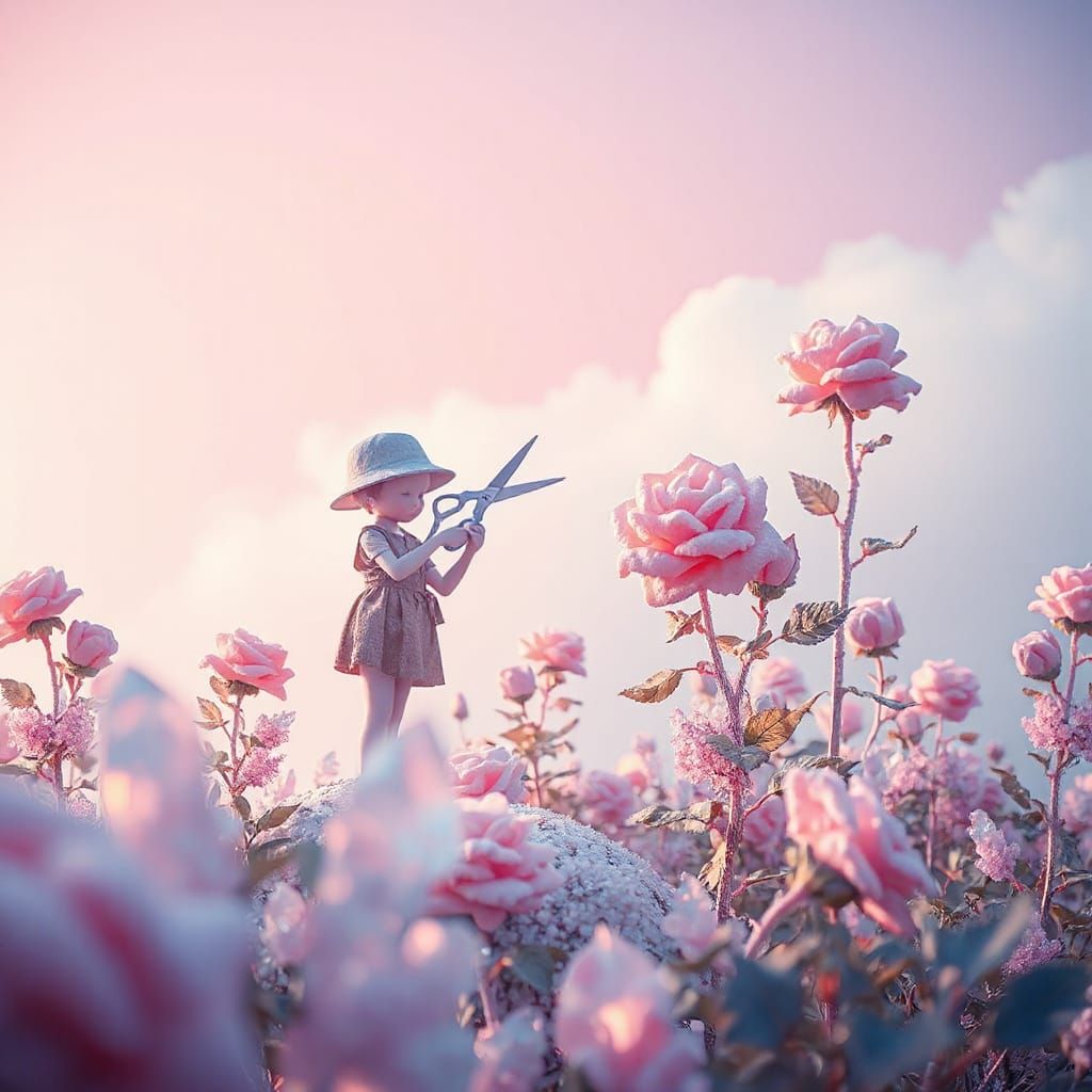 Dreamlike Garden Scene: Pruning Sugar Roses