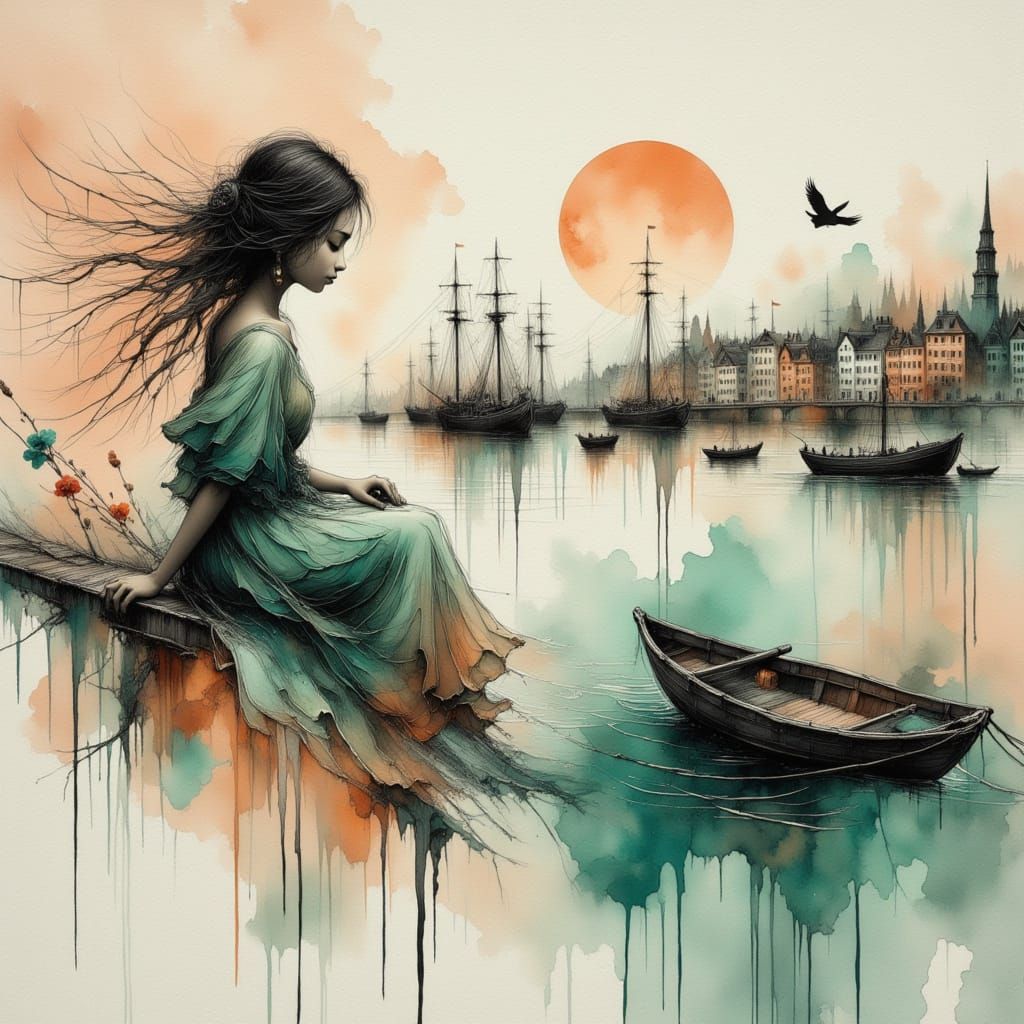 Ethereal Anime Woman in Cityscape, Ink Wash Style