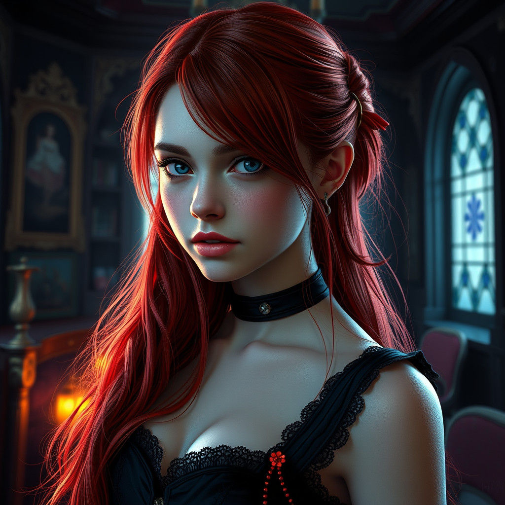 Gothic Portrait of Red-Haired Girl in Art Nouveau Style