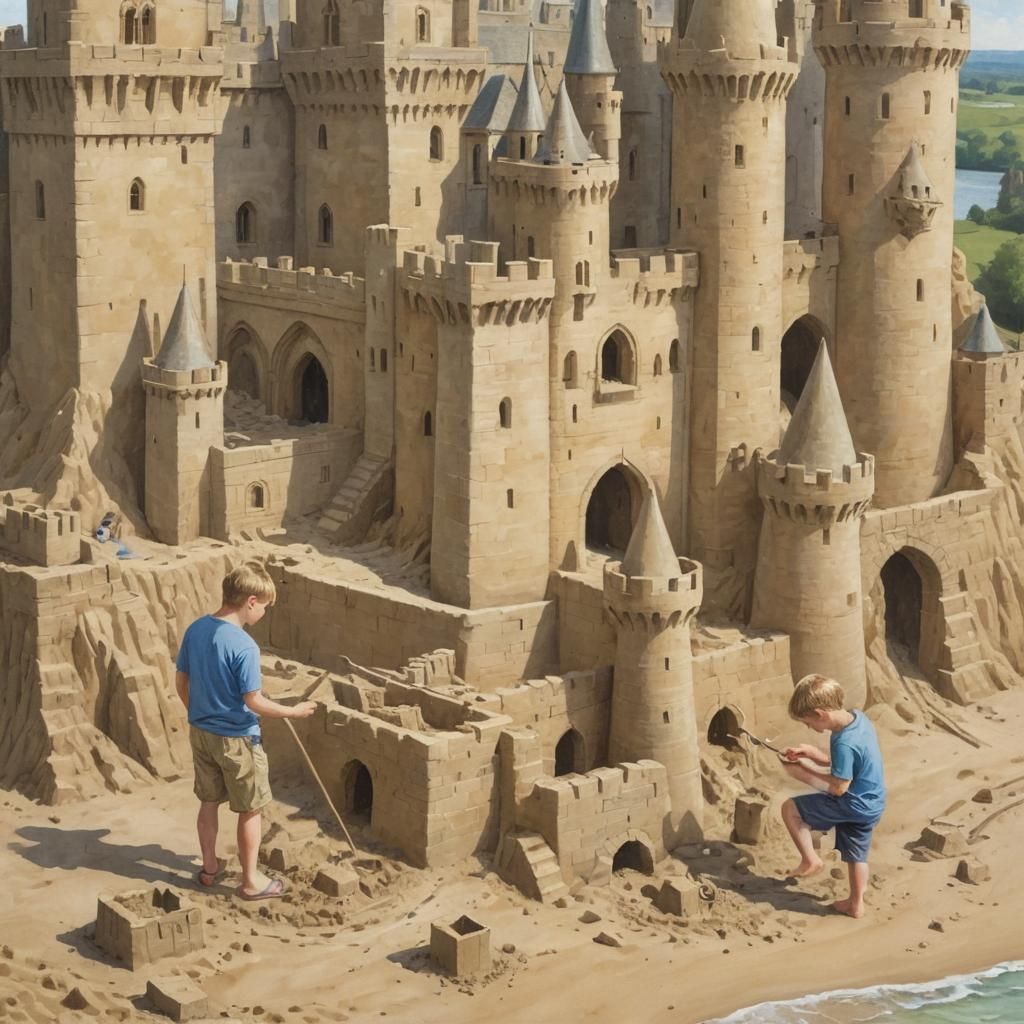 Father and Child Build Sandcastle: Gouache-Style Painting
