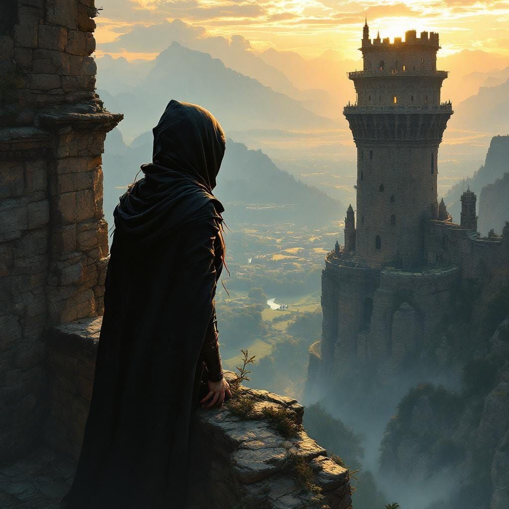 Hooded Woman Overlooking Valley in Romantic Light