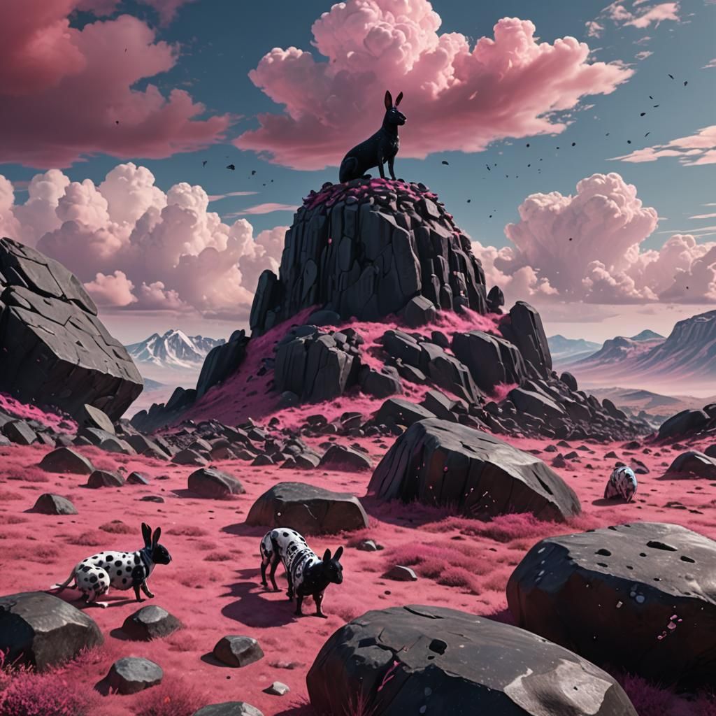 Dystopian Landscape with Black Rock, Rabbits and Fish