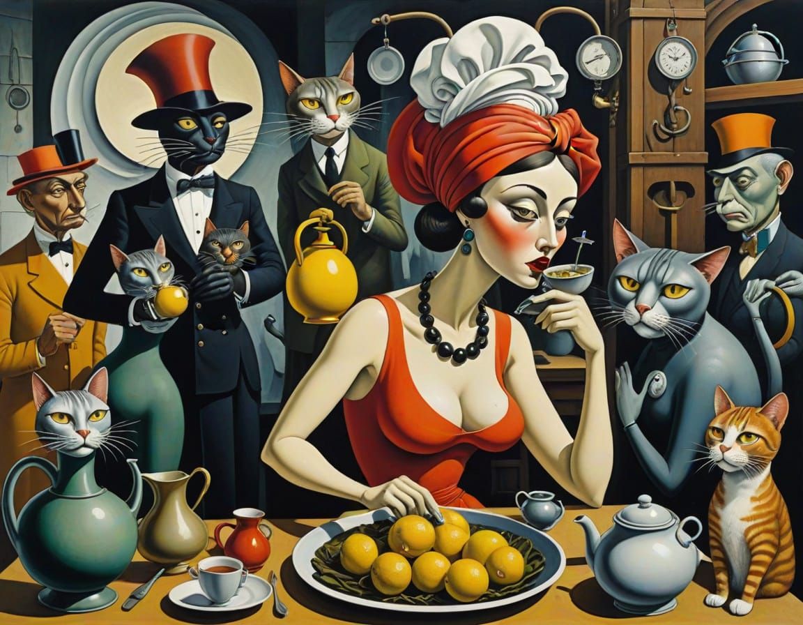 Vibrant Surrealist Kitchen Scene in Epic Oil Painting Style