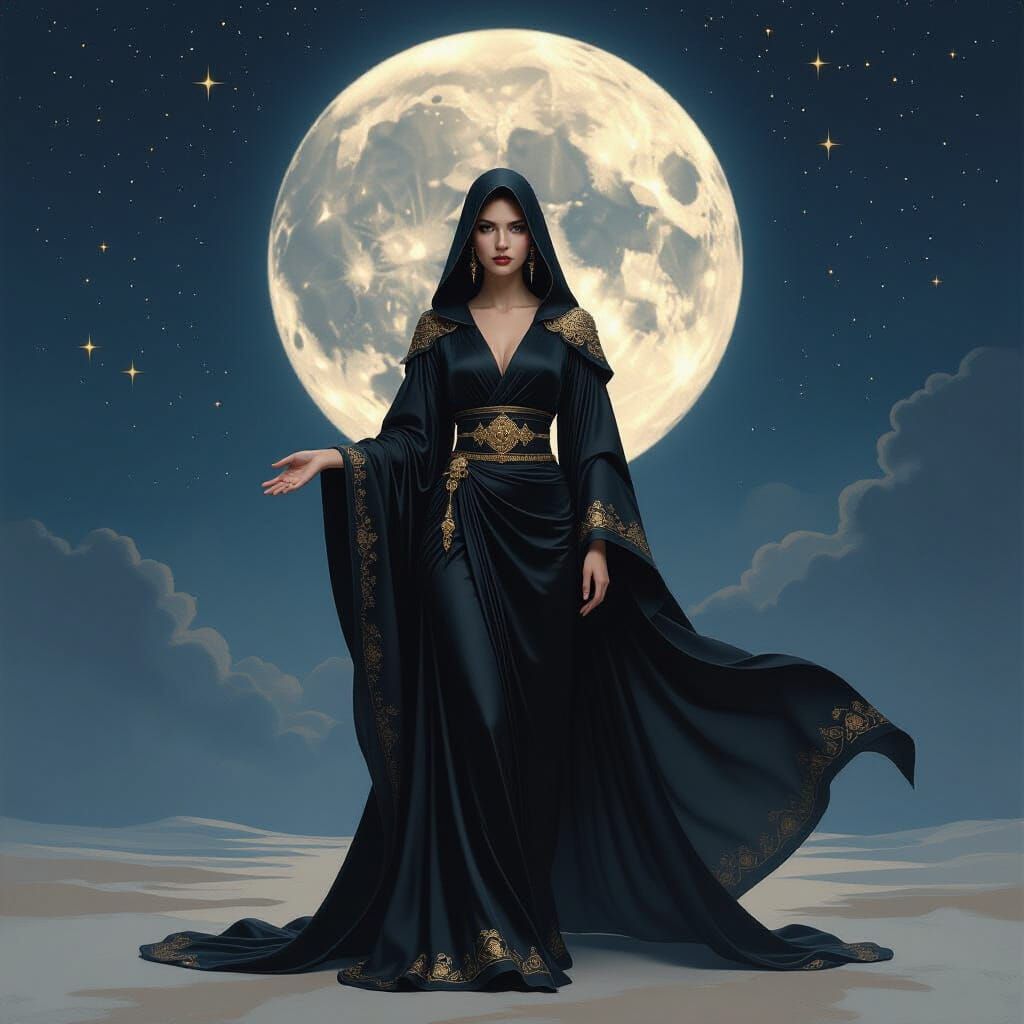 Regal Goddess in Black Silk Under Starry Night Sky