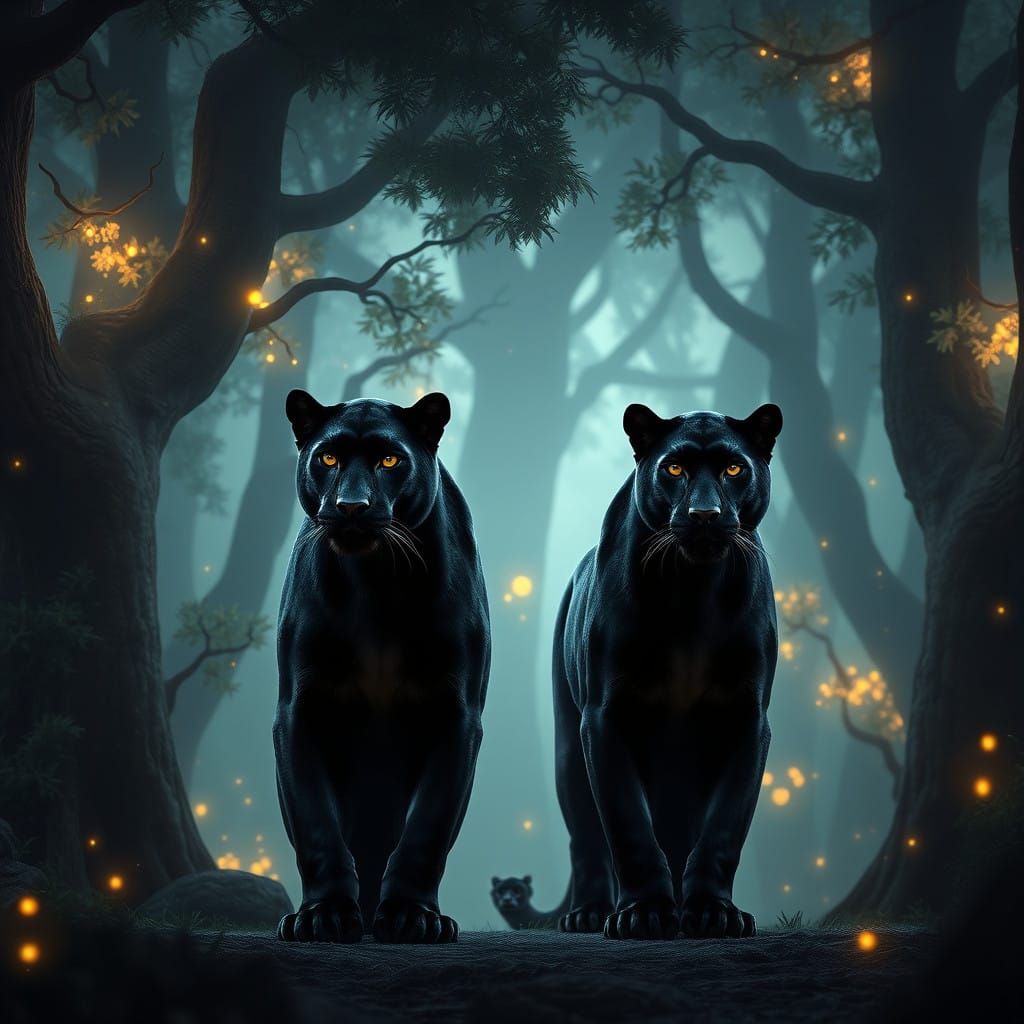 Majestic Black Panthers Stand Together in Enchanted Forest