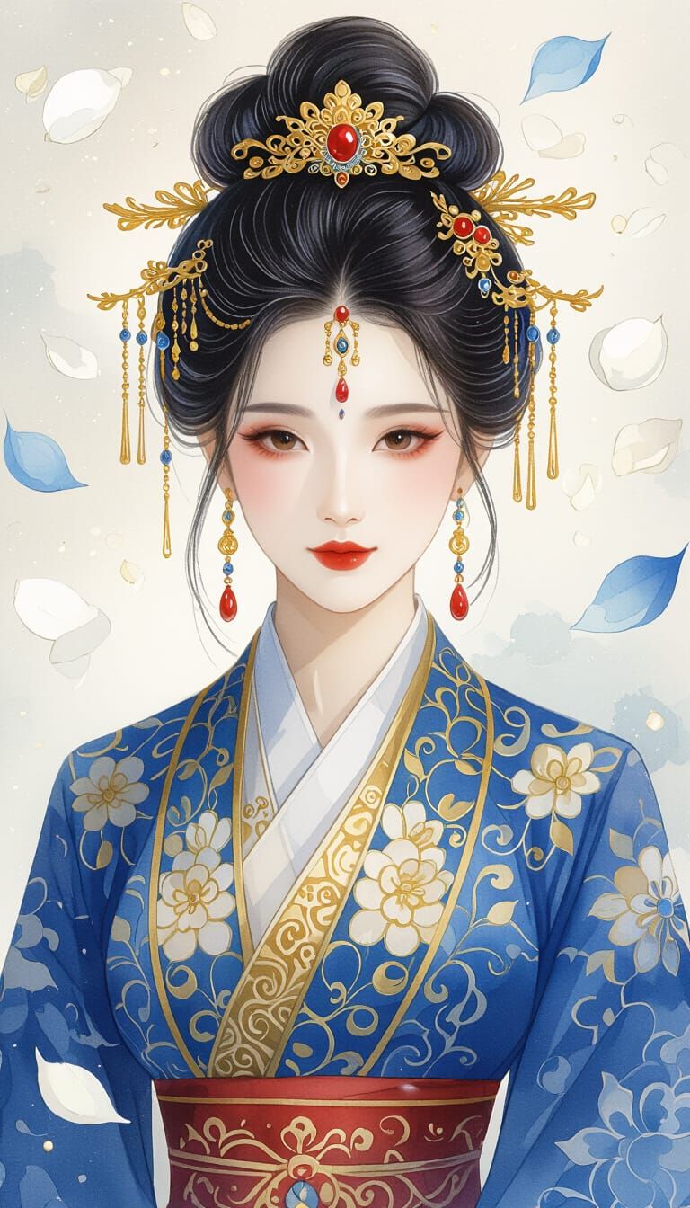 Chinese Woman in Blue Robe: Watercolor Fantasy
