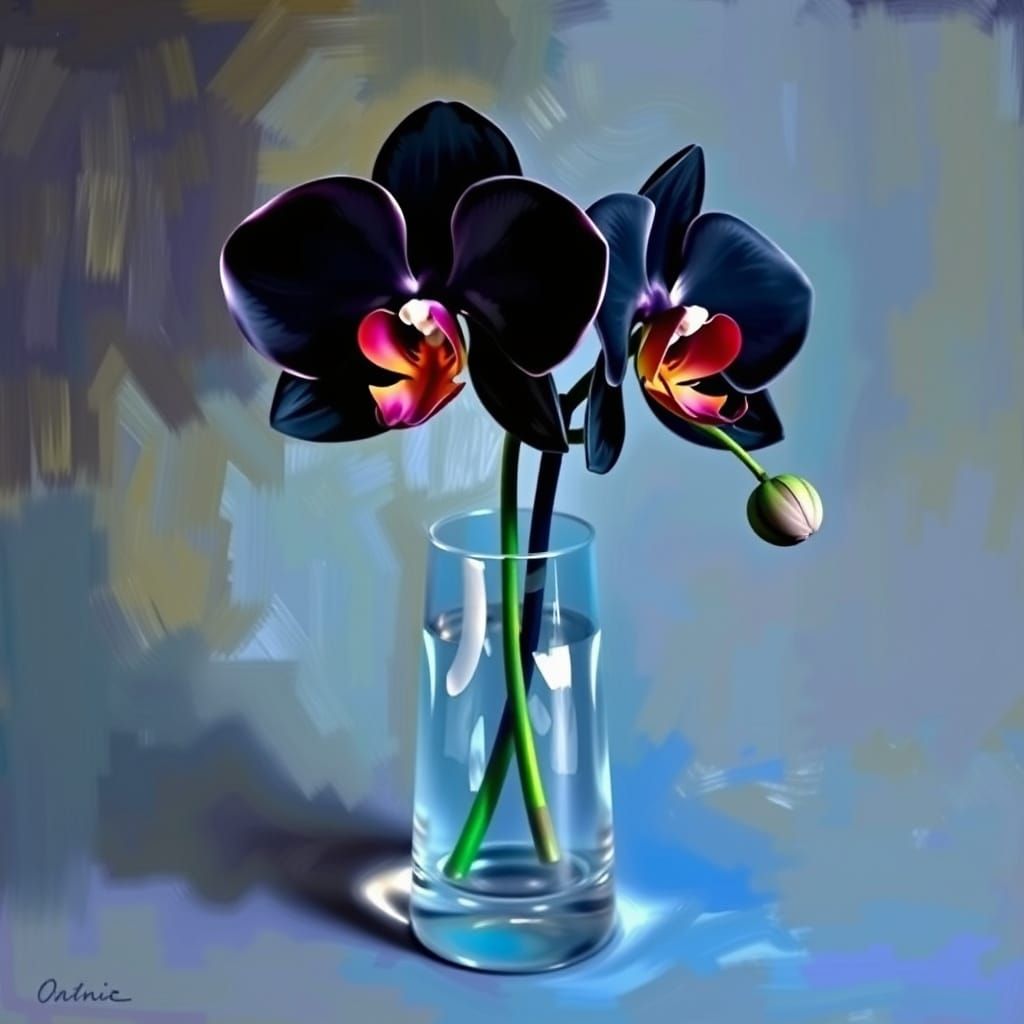Fauvist Black Orchid in Crystal Vase