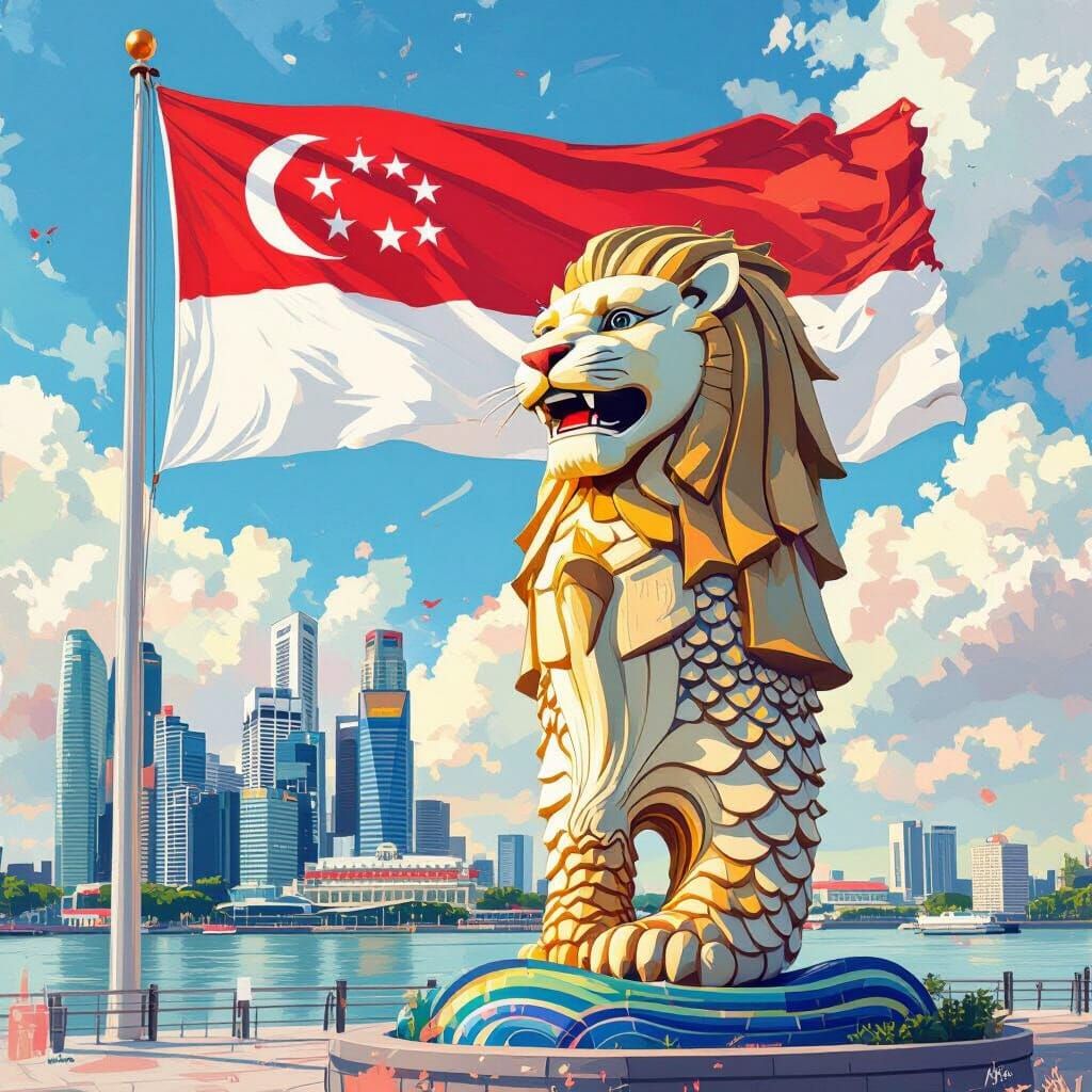 Merlion with Singapore Flag in Digital Painting Style