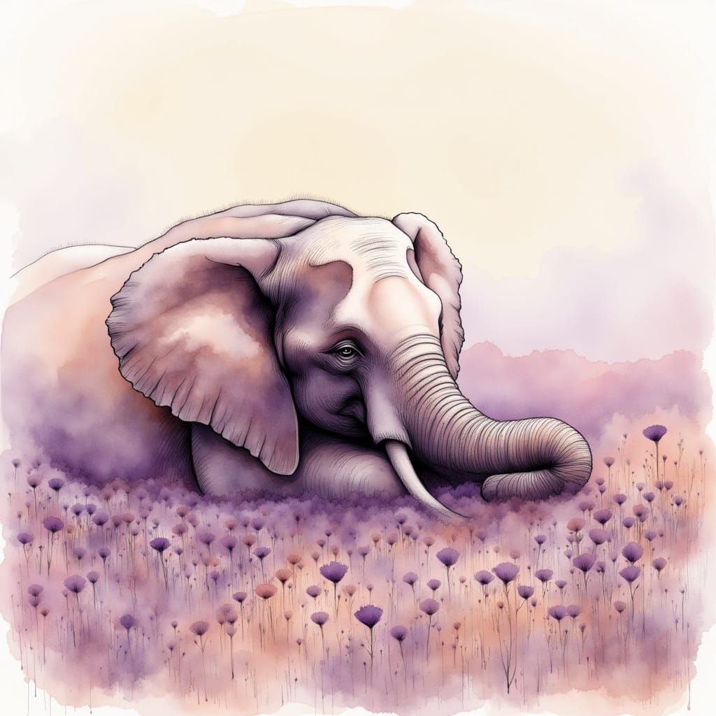 Majestic Elephant Resting in Dreamlike Flower Field
