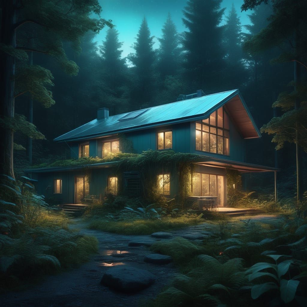 Futuristic Farmhouse in Bioluminescent Forest: Digital Art