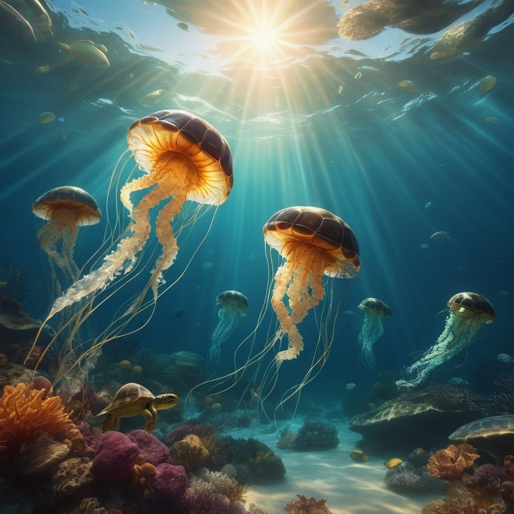 Oceanic Wonders: Jellyfish and Turtles in Digital Art