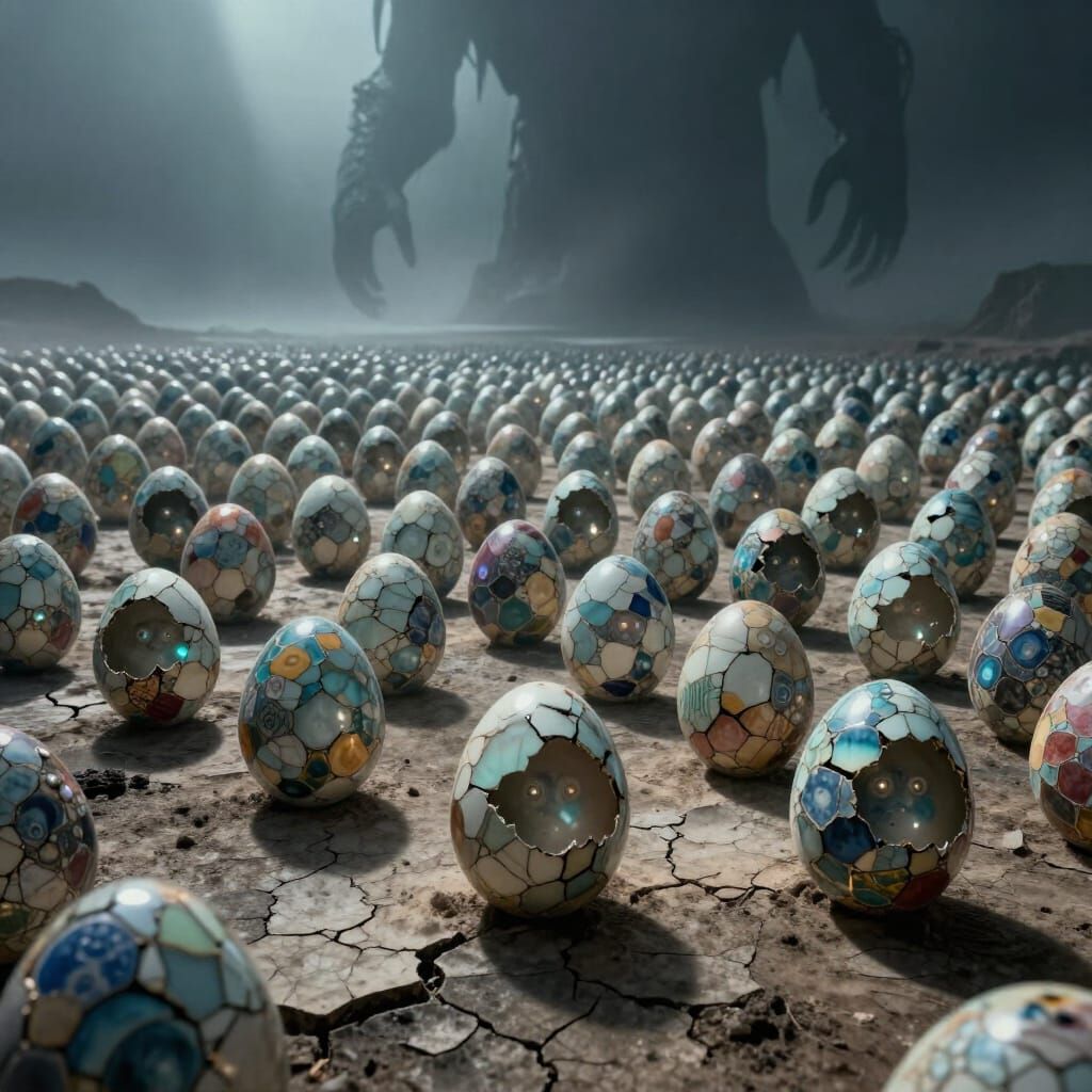Sentient Egg Army Marches on Cracked Earth