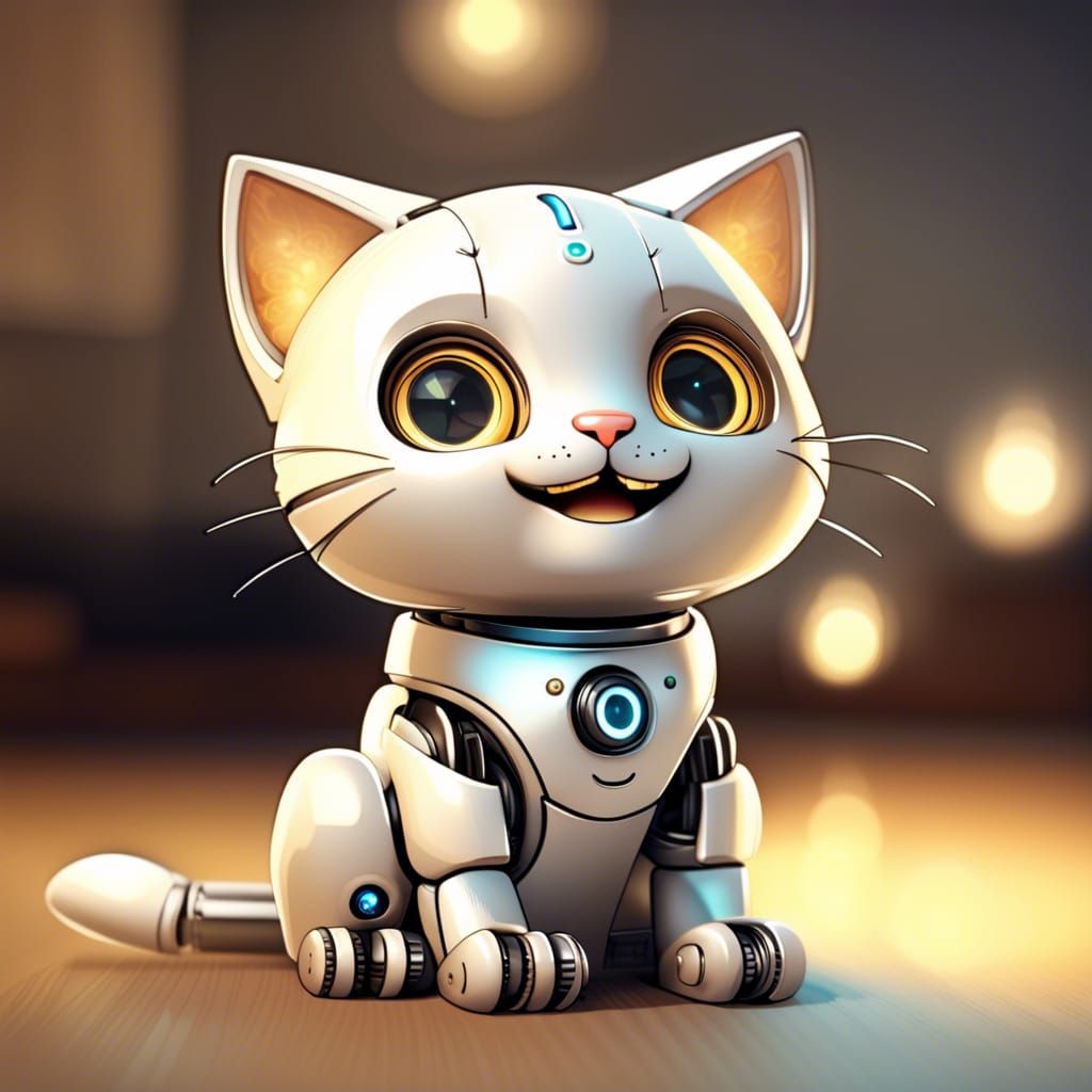 Adorable Smiling Robot Cat in Warm Lighting
