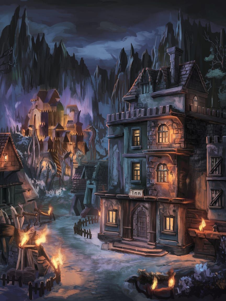 Medieval Fantasy City at Twilight in Dark Fantasy Style