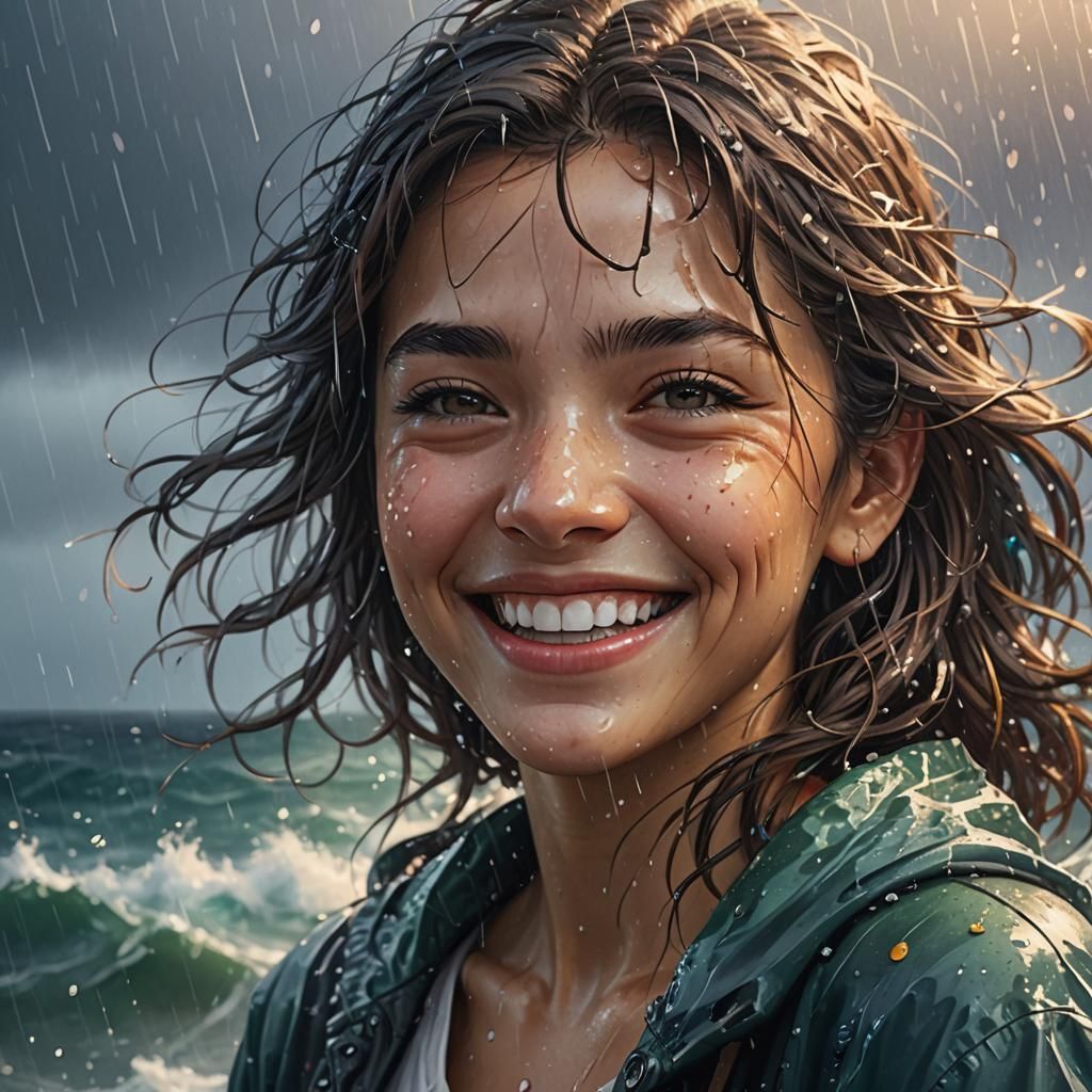 Hyperrealistic Ocean Scene with Shy Smile