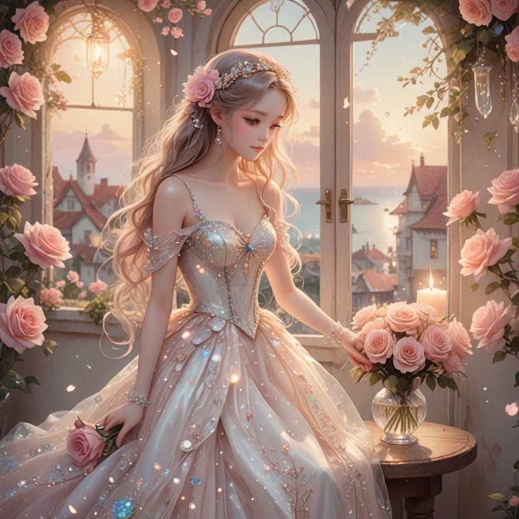 Cat in Ball Gown Smelling Rose, Anime Style