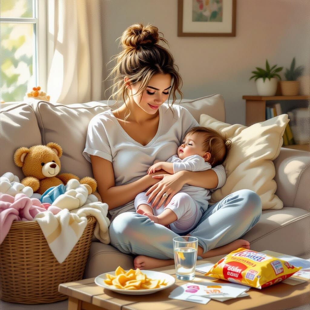 Mother and Baby in Cozy, Chaotic Living Room