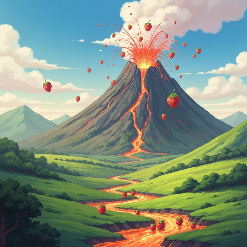 Strawberry Volcano Eruption in Whimsical Style